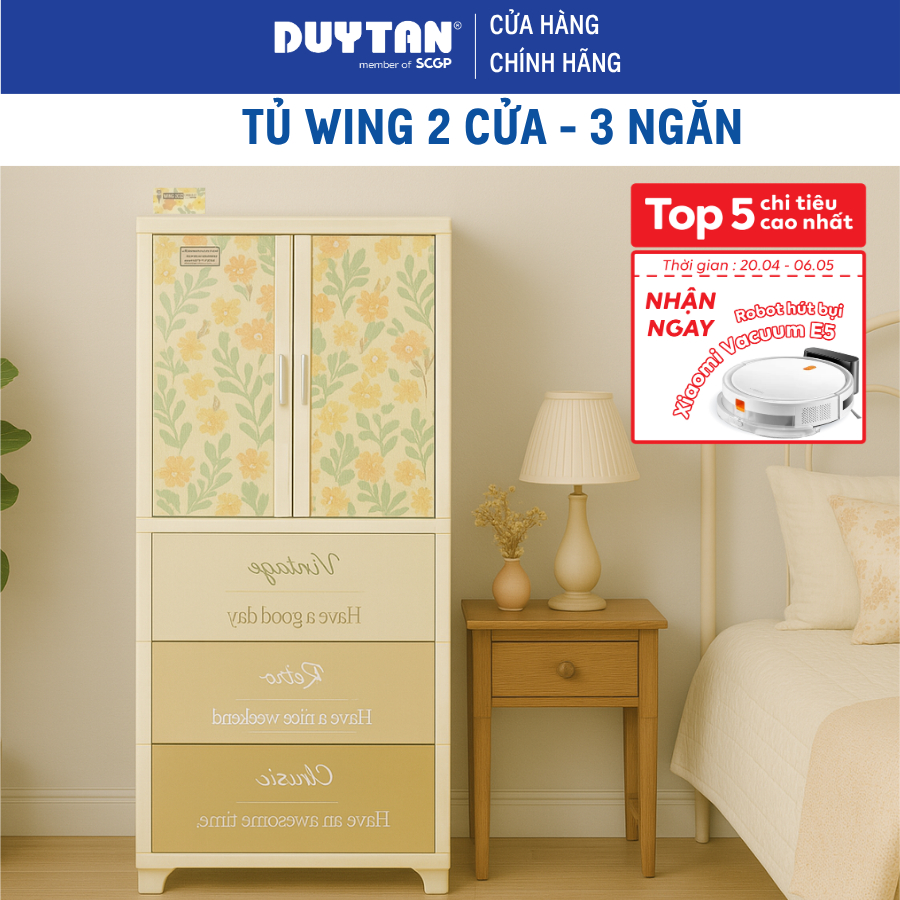 Tủ Wing 2C-3 ngăn DUY TÂN nhựa PP/ABS, tủ treo quần áo có 3 hộc dưới, tủ quần áo tiện lợi (tặng móc)